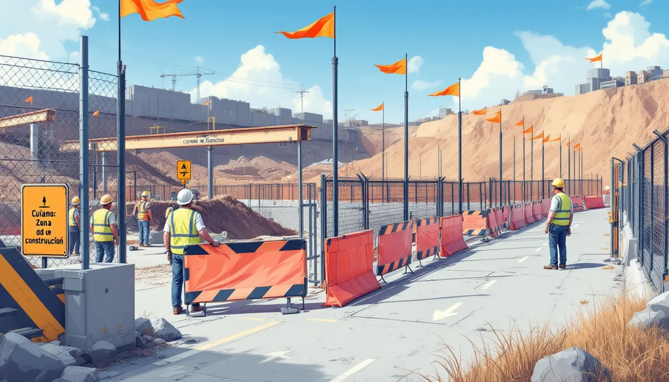 Installation of crowd control barriers at a construction site, ensuring crowd safety during work.