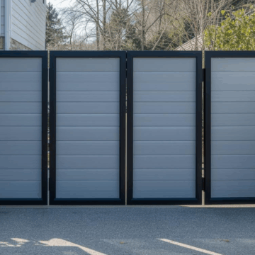 Various types of bi folding gates displayed in a commercial area.