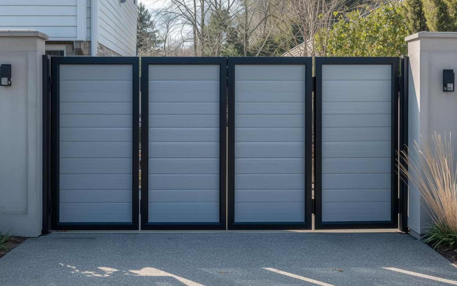 Various types of bi folding gates displayed in a commercial area.
