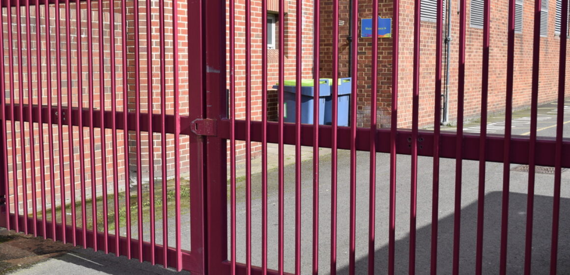 Large,High,Security,Red,Metal,Gate,Closed,Up,For,No